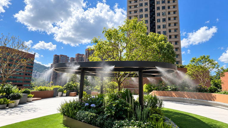 Fine mist spraying from nozzles around a circular pergola above a landscaped outdoor garden.